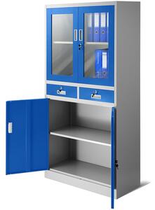 Plechová skříň s vitrínou a zásuvkami model EDMUND šedo-modrá JAN NOWAK H1-6NZ0-R45H