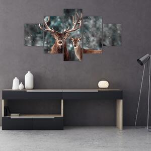 Obraz - Jelen a laň v zasněženém lese (125x70 cm)