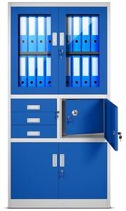Plechová policová skříň s vitrínou, zásuvkami a trezorem pro důležité věci FILIP šedo-modrá JAN NOWAK KB-Z2IE-FBVY