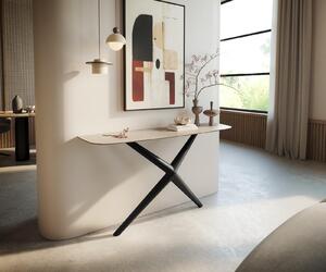 DELIFE Konzolový stůl Edge oválný tvar 140×40 cm keramika Laminam® Travertino Bianco krémově bílá Estelo kov černá