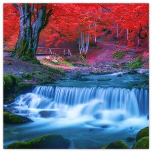 Obraz vodopádu v červeném lese (30x30 cm)