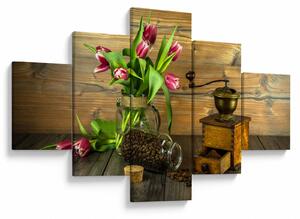 Obraz - tulipány, mlýnek a káva (125x70 cm)