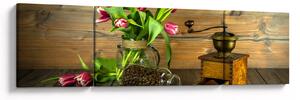 Obraz - tulipány, mlýnek a káva (170x50 cm)