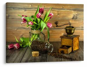 Obraz - tulipány, mlýnek a káva (70x50 cm)