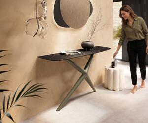 DELIFE Konzolový stůl Edge oválný tvar 140×40 cm keramika Laminam® Noir Desir hnědá Estelo kov titanová barva