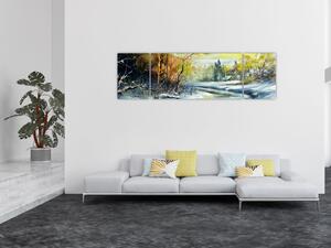 Obraz zimní řeky, olejomalba (170x50 cm)