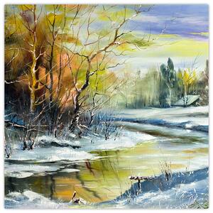 Obraz zimní řeky, olejomalba (30x30 cm)