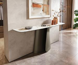 DELIFE Konzolový stůl Edge oválný tvar 180×40 cm keramika Calacatta Luxe bílá zlatá šedá Livos kov titanová barva