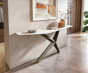 DELIFE Konzolový stůl Edge polygonální 180×50 cm keramika Calacatta Luxe bílá zlatá šedá Zentharo kov titanová barva