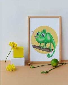 Plakát Chameleon (21x30cm) A4, Plakát do dětského pokoje, Plakát se zvířátkem, Ručně kreslený obrázek, Plakát na zeď pokojíčku Barva: Žlutá