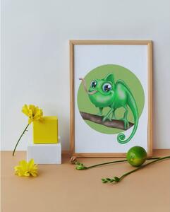 Plakát Chameleon (21x30cm) A4, Plakát do dětského pokoje, Plakát se zvířátkem, Ručně kreslený obrázek, Plakát na zeď pokojíčku Barva: Zelená