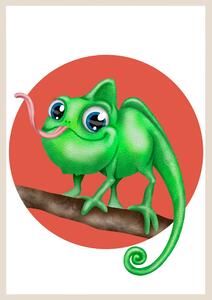 Plakát Chameleon (21x30cm) A4, Plakát do dětského pokoje, Plakát se zvířátkem, Ručně kreslený obrázek, Plakát na zeď pokojíčku Barva: Limeta