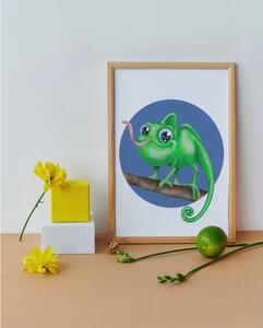 Plakát Chameleon (21x30cm) A4, Plakát do dětského pokoje, Plakát se zvířátkem, Ručně kreslený obrázek, Plakát na zeď pokojíčku Barva: Zelená