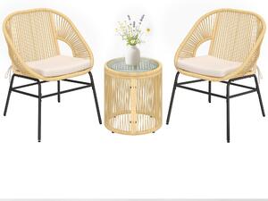 Outsunny 3dílný ratanový bistro set – 2 polstrovaná křesla a tvrzený skleněný stolek, ergonomický nábytek na balkon/terasu, béžová | Aosom