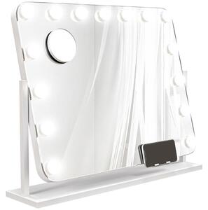 Kosmetické zrcadlo Moonbite s LED osvětlením, rozměry 62,5 × 52 cm, 15 stmívatelných LED diod ve 3 barvách světla, ovládání dotykem, USB port, držák na mobilní telefon, 10násobné zvětšení, sklo, bílá barva