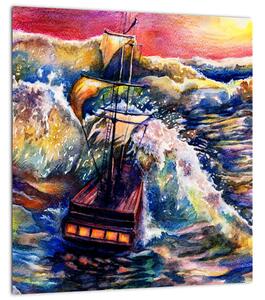 Obraz - Loď na oceánských vlnách, aquarel (30x30 cm)