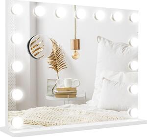 Kosmetické zrcadlo Moonbite s LED osvětlením, rozměry 58 × 48 cm, s 15 lampami, třemi nastavitelnými teplotami světla, dotykovým ovládáním a stmíváním, USB portem, zvětšovacím zrcátkem (10x) a kovovým rámem v bílé barvě