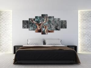 Obraz - Jelen a laň v zasněženém lese (210x100 cm)
