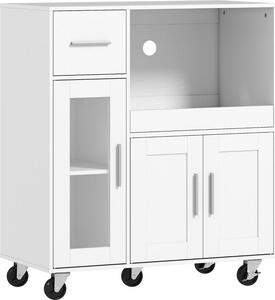 Mobilní kuchyňská komoda Moonbite na kolečkách, šířka 80 cm, se zásuvnou deskou, otvorem pro kabely, zásuvkou, 2 skříňkami, policí, vyrobená z dřeva, barva bílá