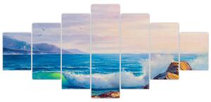 Obraz vln narážejících na útesy, olejomalba (210x100 cm)