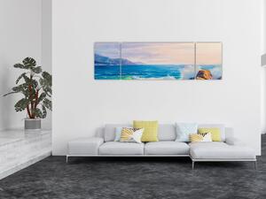 Obraz vln narážejících na útesy, olejomalba (170x50 cm)