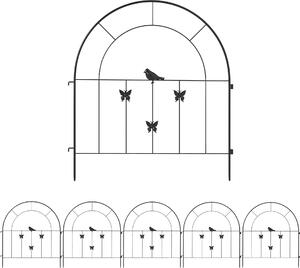 Dekorativní plot s motivem motýlů a ptáků, 5 dílů o rozměrech 60 × 70 cm, s prohnutým horním okrajem, odolný ocelový plot pro okrasné záhony, ocel, černá barva