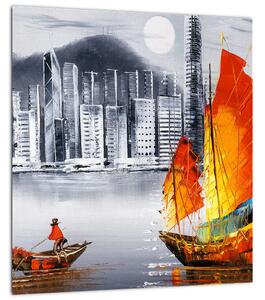 Obraz - Victoria Harbor, Hong Kong, černobílá olejomalba (30x30 cm)