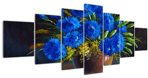 Obraz modrých květů ve váze (210x100 cm)