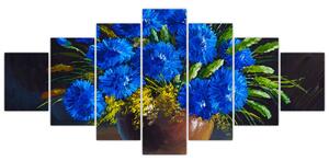 Obraz modrých květů ve váze (210x100 cm)