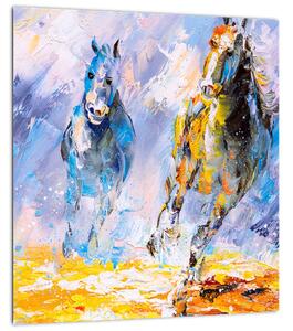 Obraz běžících koňů, olejomalba (30x30 cm)