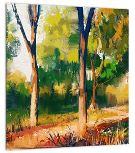 Obraz lesa v letním slunci, malba (30x30 cm)