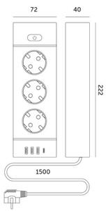 Rozbočovací zásuvka s vyp. LINEA PRO 3x230V+ 3xUSB-A + 1xUSB-C SCHUKO 1,5 m bílá