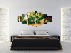 Obraz lesa v letním slunci, malba (210x100 cm)