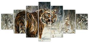 Obraz - Tygr v zasněženém lese, olejomalba (210x100 cm)
