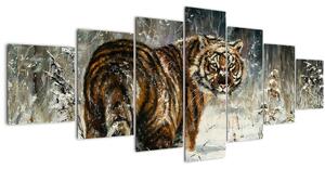 Obraz - Tygr v zasněženém lese, olejomalba (210x100 cm)