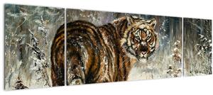 Obraz - Tygr v zasněženém lese, olejomalba (170x50 cm)
