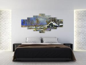 Obraz chaloupky v zimní krajině, olejomalba (210x100 cm)