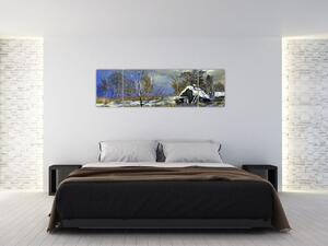 Obraz chaloupky v zimní krajině, olejomalba (170x50 cm)