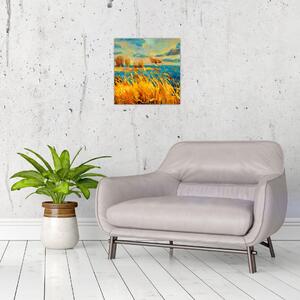 Obraz - Západající slunce nad jezerem, akrylová malba (30x30 cm)