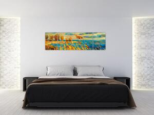 Obraz - Západající slunce nad jezerem, akrylová malba (170x50 cm)