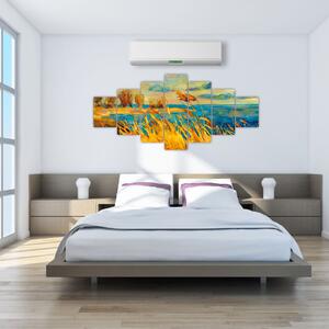 Obraz - Západající slunce nad jezerem, akrylová malba (210x100 cm)