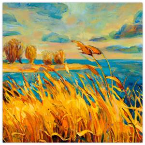 Obraz - Západající slunce nad jezerem, akrylová malba (30x30 cm)