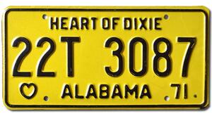 Americká SPZ Alabama 1971 Heart of Dixie 22T 3087