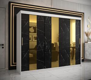 Šatní skříň Abi Golden Pole Barva korpusu: Bílá, Rozměry: 250 cm, Dveře: Černý Marmur + zlaté zrcadlo