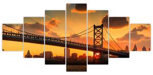 Obraz - Západ slunce nad mostem Bena Franklina, Filadelfie (210x100 cm)