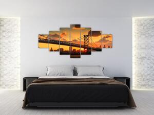 Obraz - Západ slunce nad mostem Bena Franklina, Filadelfie (210x100 cm)