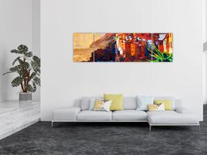 Obraz - Vesnice na pobřeží Cinque Terre, Italská riviéra, moderní impresionismus (170x50 cm)