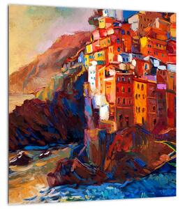 Obraz - Vesnice na pobřeží Cinque Terre, Italská riviéra, moderní impresionismus (30x30 cm)