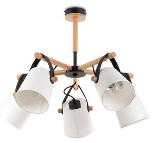 Light for home - Lustr na tyči s dřevěnými prvky, koženými řemínky a bílými stínítky 60405 