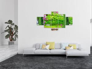 Obraz - Kouzelná zahrada s labutěmi (125x70 cm)